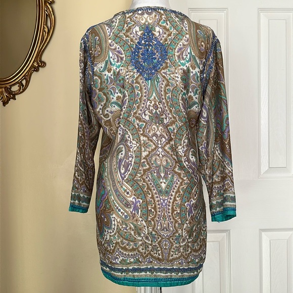 Gretchen Scott Embroidered Split Neck 3/4 Sleeve Paisley Print Side Split Tunic* - Picture 5 of 12